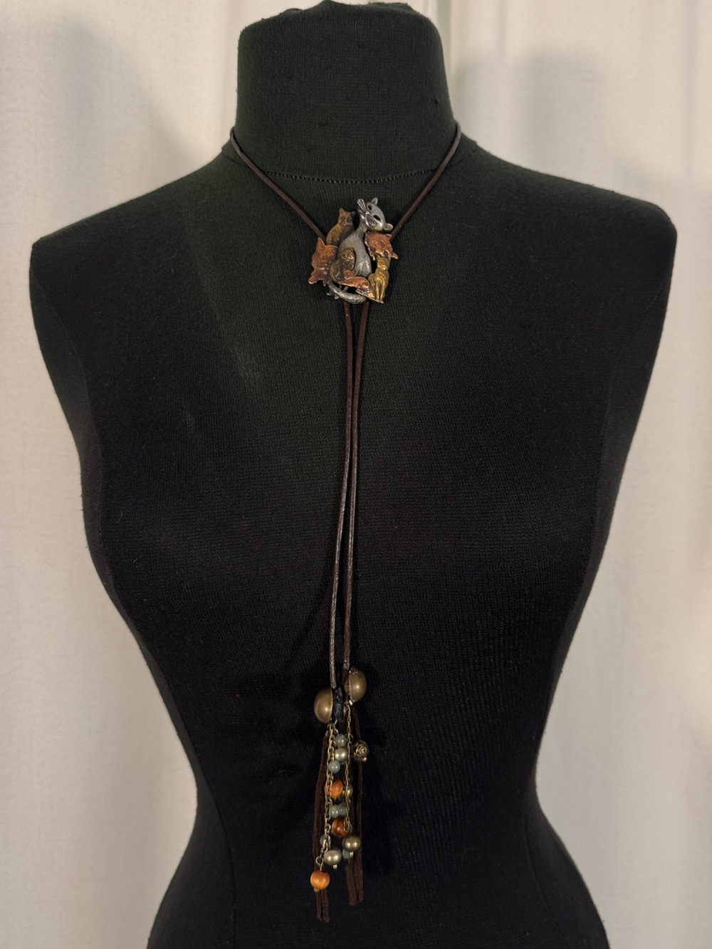 Vintage Handmade Mixed Metal Cat Pendant Bolo Tie